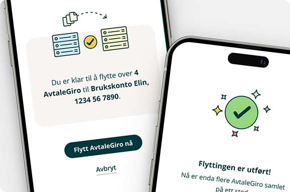 Mobilskjerm som viser ein bankapp der brukaren flyttar AvtaleGiro frå ein annan bank, med stadfesting av overføringa.
