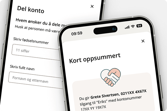 Mobilskjerm som viser mobilbanken der brukaren gir ein annan person tilgang til ei konto, med stadfesting av delinga.