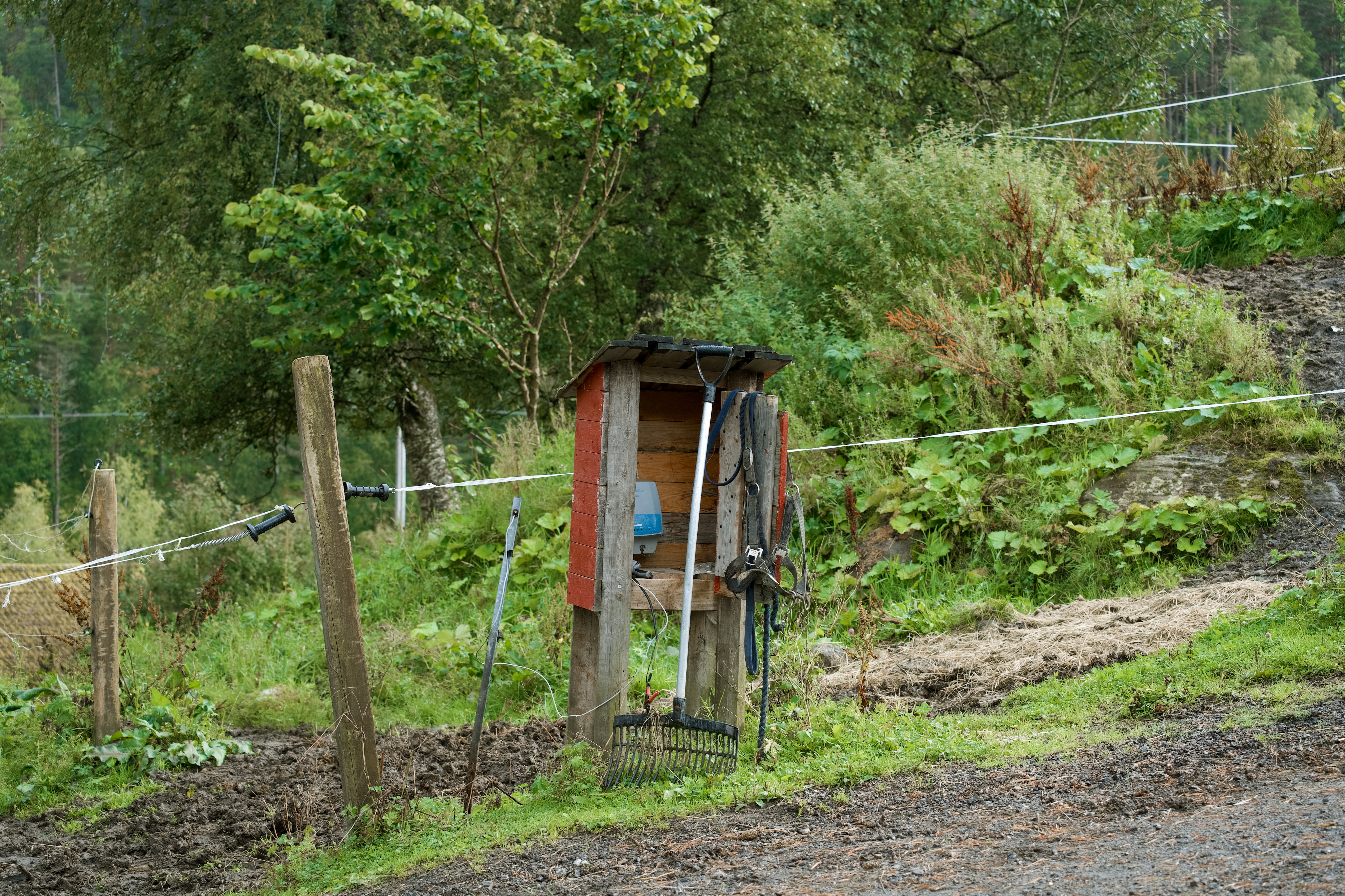 Lite trehus med elektrisk gjerdeutstyr og reiskapar står ved ein grøn skråning med gras og tre.